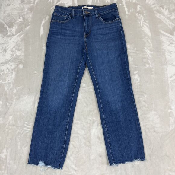 Levis Jeans Womens 29 Blue Denim 724 High Rise Straight Crop Preppy Raw Hem - Picture 1 of 12